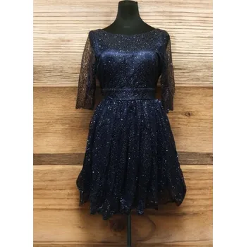 Dámské šaty Eva & Lola Nádherné společenské šaty třpytivé s rukávky 2243 Navy Velikost: S/36