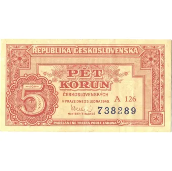 ČESKOSLOVENSKO. 5 korun 1949. Série A 126. Hej. 83a3.
