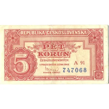ČESKOSLOVENSKO. 5 korun 1949. Série A 91. Hej. 83a2.