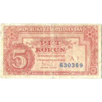 Sběratelství ČESKOSLOVENSKO. 5 korun 1949. Série A 7. Hej. 83a1.
