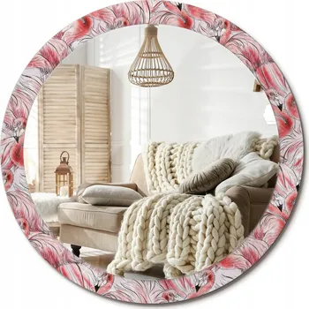 Zrcadlo Nástěnné Zrcadlo s ozdobným skleněným rámem s potiskem Velký průměr 90 cm. Plameňáci