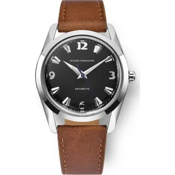 Hodinky Nivada Grenchen Antarctic 35 mm - Black White Luminova - Brown Leather + 5 let záruka a dárek ZDARMA