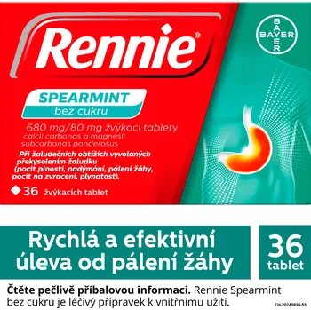 Lék proti pálení žáhy Rennie Spearmint bez cukru 36 žvýkacích tablet