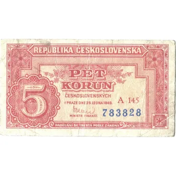ČESKOSLOVENSKO. 5 korun 1949. Série A 145. Hej. 83a3.