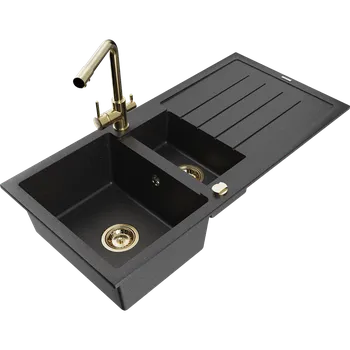 Granitový dřez Mexen Andres granitový dřez 1,5-komorový s odkapávačem a kuchyňskou baterií Duero, černý/stříbrný - 6515-73-671600-50 Granitové dřezy s baterií