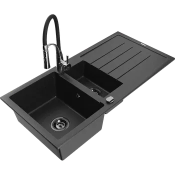 Granitový dřez Mexen Andres granitový dřez 1,5-komorový s odkapávačem a kuchyňskou baterií Aster, černý/stříbrný Granitové dřezy s baterií