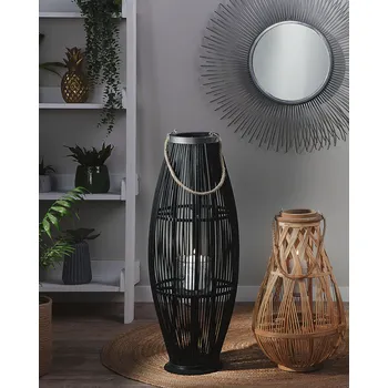 Lucerna Dekorativní lucerna černá s držákem svíčky o výšce 84 cm vyrobená z bambusu / skla pro vnitřní i venkovní použití Beliani