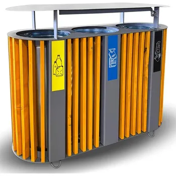 Odpadkový koš Koš na tříděný odpad, dřevěný, se stříškou, odstín pinie, objem 3 x 50 l, výška 940 mm