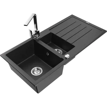 Kuchyňský dřez Mexen Andres granitový dřez 1,5-komorový s odkapávačem a kuchyňskou baterií Rita, černý/stříbrný metalík - 6515-73-670300-00 Granitové dřezy s baterií