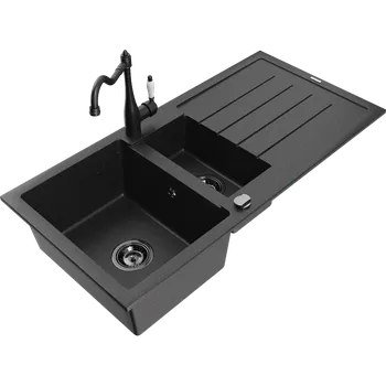 Granitový dřez Mexen Andres granitový dřez 1,5-komorový s odkapávačem a kuchyňskou baterií Carla, černý/stříbrný - 6515-73-670700-70-B Granitové dřezy s baterií