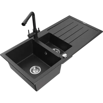 Granitový dřez Mexen Andres granitový dřez 1,5-komorový s odkapávačem a kuchyňskou baterií Duero, černý/stříbrný - 6515-73-671600-70 Granitové dřezy s baterií