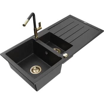 Granitový dřez Mexen Andres žulový dřez 1,5-komorový s odkapávačem a kuchyňskou baterií Flora, černá/stříbrná - 6515-73-670401-57-G Granitové dřezy s baterií