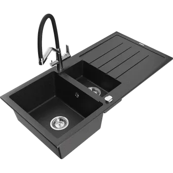 Granitový dřez Mexen Andres žulový dřez 1,5-komorový s odkapávačem a kuchyňskou baterií Duo, černý/stříbrný metalik - 6515-73-671701-07 Granitové dřezy s baterií