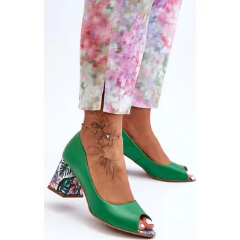 Dámské lodičky Kožené lodičky s ozdobným podpatkem Leski Boty 2608/K hrášek Barva: Zelená, Velikost: 36