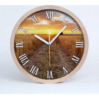 Hodiny Tichá nástěnná dřevěná hodina pole pšenice průměr 30 cm