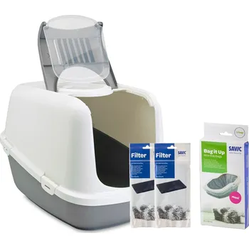 Toaleta pro kočku Toaleta Savic Nestor XXL šedá/bílá + 2 x náhradní uhlíkový filtr + 6 ks Bag it up