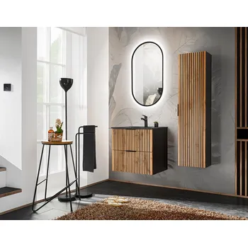 Koupelnový nábytek Koupelnová sestava Casad 60 cm se zápustným umyvadlem, skříňkami a zrcadlem černá/dub wotan