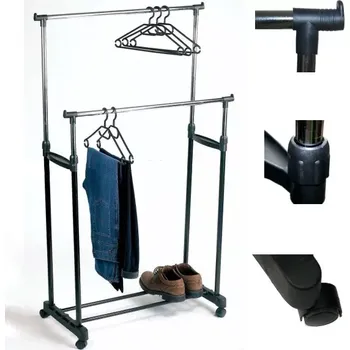 Věšák NASTAVITELNÝ DVOJITÝ STOJAN ŠATY HRAZDA VĚŠÁK