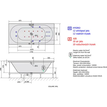 Vana Polysan VIVA B HYDRO-AIR hydromasážní vana, 175x80x47cm, bílá