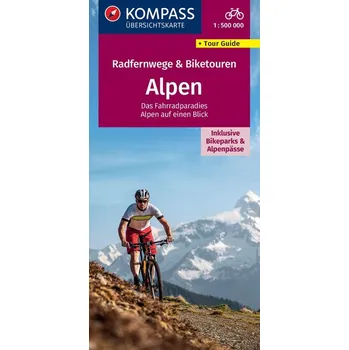 KOMPASS Radfernwegekarte Radfernwege & Biketouren Alpen - Übersichtskarte 1:500.000