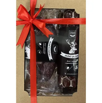 Dárkový potravinový koš PRAVÁ KLOBÁSA - Dárkové balení malé - jelení klobása + salám