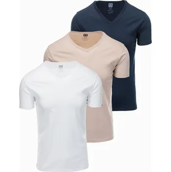 Pánské oblečení Pánská bavlněná trička BASIC s výstřihem do V - bílá/písková/navy V12 OM-TSBS-0233 - S