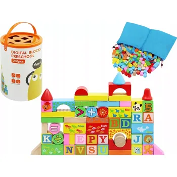 Dřevěná hračka DŘEVĚNÉ KOSTKY V KBELÍKU S VKLÁDACÍM VÍKEM 200KS 5902802909978