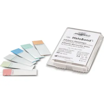 Kancelářský nábytek Adhezní sklíčka HistoBond®+ (Popis: Adhezní sklíčka HistoBond®+, Barva popisovací plochy: žlutá, Balení (ks): 100)