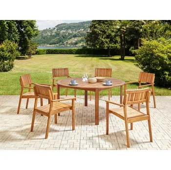 Zahradní sestava Zahradní jídelní sada světlé akáciové dřevo kulatý stůl 6 židlí lamelový design exteriér terasa zahrada Beliani