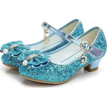 Dětská sálová obuv Dívčí třpytivé střevíčky na podpatku s mašlí a perličkou Barva: modrá, Velikost EUR: 31