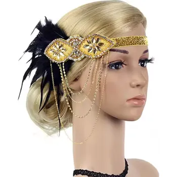 Čelenka B-TOP Vintage zlatá čelenka do vlasů s kamínky a černým peřím