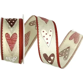 Stuha Stuha valentýnská HEART červená srdce 25mm x 2m (13,-Kč/m) (Stuha svatební, Valentýnská, bavlněná, jednostranný potisk, s drátkem)
