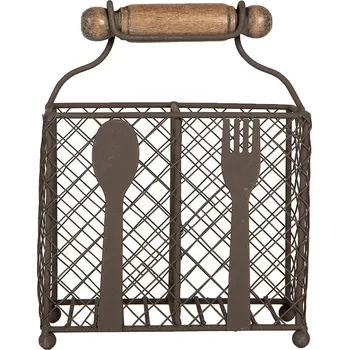 Úložný box Clayre & Eef - Kovový košík na příbory s rukojetí, hnědý 6Y5709