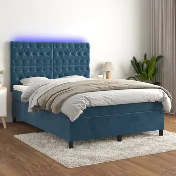 Postel vidaXL Box spring postel s matrací a LED 140x200 cm samet [3136305] Barva: Tmavě moddrá