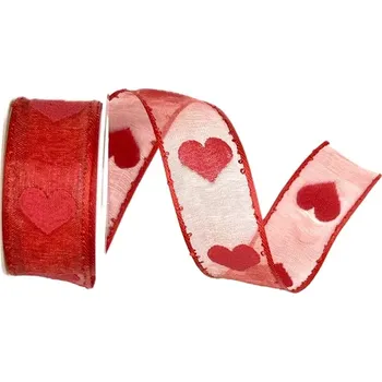 Stuha Stuha svatební organzová VENEZIANO RED červená 25mm x 2m (17,-Kč/m) (Stuha svatební organzová, potisk červená srdce, obšité okraje)
