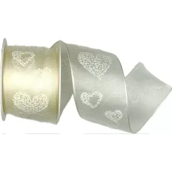 Stuha Stuha svatební organzová DREAM krémová 40mm x 2m (15,- Kč/m) (Stuha svatební, valentýnská, organzová, krémová, potisk bílá srdce, s drátkem v lemu)