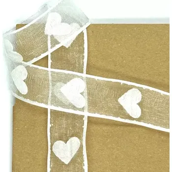 Stuha Stuha svatební organzová VENEZIANO WHITE bílá 25mm x 2m (17,-Kč/m) (Stuha svatební, potisk bílá srdce, obšité okraje)