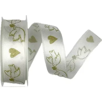 Stuha Saténová svatební stuha WEDDING BIRDS bílá 25mm x 2m (13,-Kč/m) (Svatební stuha bílá, taftová, jednostranný potisk zlatá srdce)