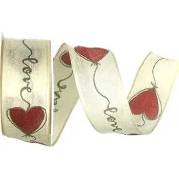 Stuha Stuha valentýnská LOVE RED červená srdce 25mm x 2m (14,-Kč/m) (Stuha svatební, Valentýnská, bavlněná, jednostranný potisk, s drátkem)