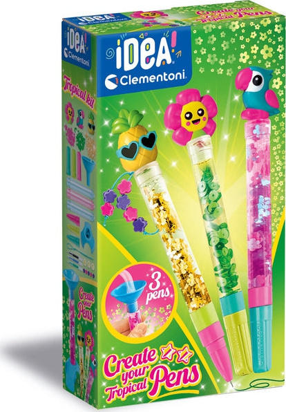 Clementoni Idea – Kit Créatif Stylos Fantaisie – 3 Stylos à Personnaliser, 4 Encres, Décorations Monstres, Dès 6 Ans