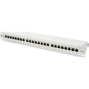Patch panel Digitus CAT 6 patch panel, stíněný, 24 portů RJ45, 8P8C, LSA, 1U, montáž do stojanu, šedá, 482x44x109 mm