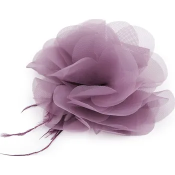 Šifónový květ s peřím k našití a nalepení Ø8-9 cm, barva 9 (10) fialová