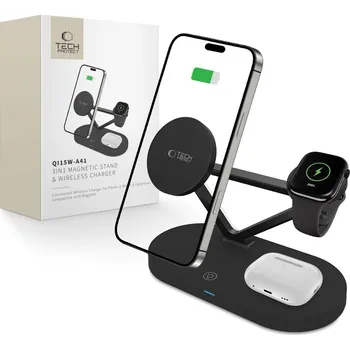 BEZDRÁTOVÁ NABÍJEČKA TECH-PROTECT QI15W-A41 3IN1 MAGNETIC MAGSAFE WIRELESS CHARGER BLACK