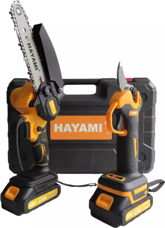 Aku zahradnické nůžky a pilka s mazáním Hayami HA-1004 + 2x baterie 48 V + příslušenství