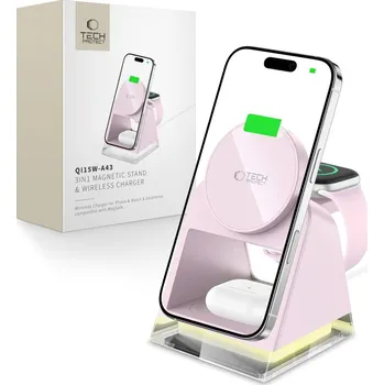 BEZDRÁTOVÁ NABÍJEČKA TECH-PROTECT QI15W-A43 3IN1 MAGNETIC MAGSAFE WIRELESS CHARGER BABY PINK