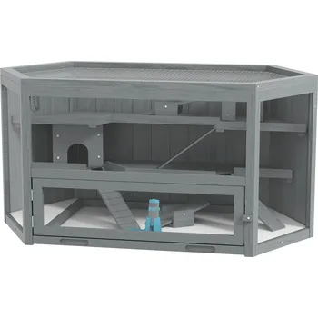PawHut třípatrová klec pro hlodavce, klec pro malá zvířata se 6 rohy, dřevěný domeček pro malá zvířata, klec pro myši, klec pro křečky s odklápěcím víkem, průhledové okénko, rampa, 115 x 60 x 55 cm šedá