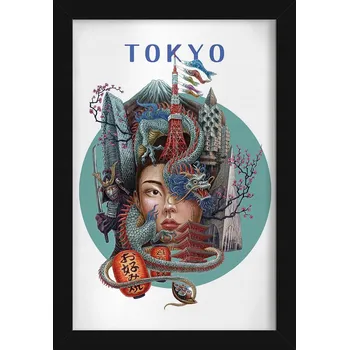 Obraz Obraz grafika v rámu Tokio Tokyo Tower Hora Fudži Drak Višňový květ 20x30 cm
