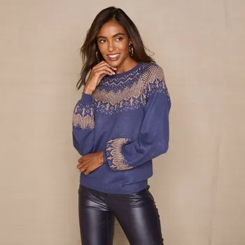 Dámský svetr Pulovr s měděným žakárovým vzorem, mohérový na dotek temně modrá/měděná 54