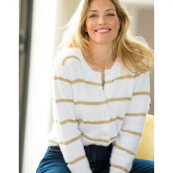 Dámský svetr Proužkovaný propínací svetr z úpletu s vlasem bílá 42/44