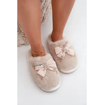 Dámské pantofle Hřejivé Pantofle S Mašlí A Připínáčky Annalira Barva: Béžová, Velikost: 38/39